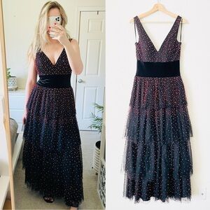 BASIX Black Label SIZE 4 black and red pearl embellished multi tier gown